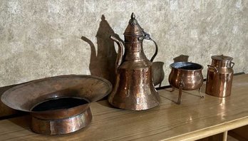 Lot Of (4) Copper Items: Footed Bowl, Bowl,  Pitcher, Handled Milk Can With Cover