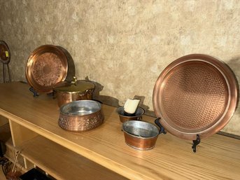 Lot Of Copper Items: Covered Pot, (2) Plates  & (3) Bowls