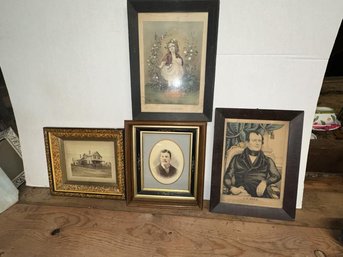 Lot Of 5 Framed Pictures, Some Damage And Discoloration