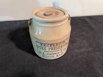 H.A. Johnson & Co Boston, MA Excelsior Pure  Preserves Small Crack On Lid & Handle, 6'  Tall