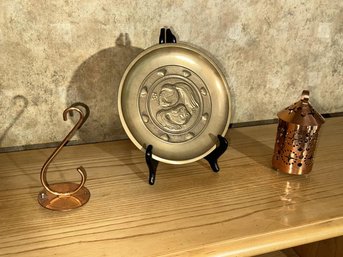 Lot Of (2) Swedish Handabete Copper Candle  Light With Hook & Heavy Brass Fish Plate  (unmarked)