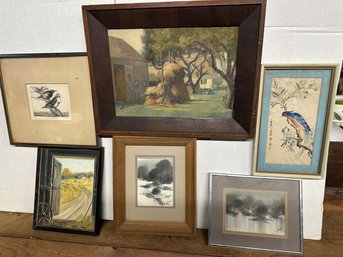 Lot Of 6 Pictures, 5 Watercolors, 1 Etching, Framed