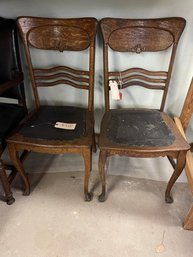 Pair Of Oak Press Back Chairs With Leather Seat