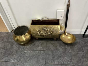 Lot Of Brass Ladle, Brass Handled Bucket,  Wood & Brass Paper Holder