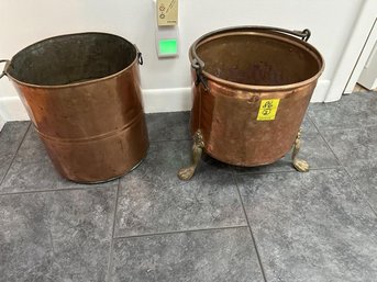 Lot Of (2) Handled Copper Buckets; One With  Brass Claw Feet, 12' Tall & 11.5' Diameter
