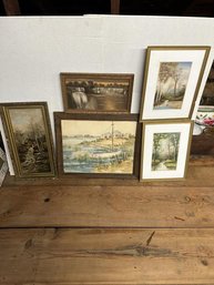 Lot Of 5 Various Paintings, Pastels, Watercolors, Some Damage And Staining, One Pair Of Pastels By Kimball, Sailboat By M.L. Greer