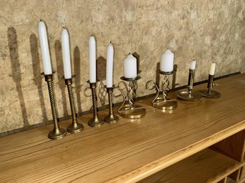 Lot Of (8) Candlesticks Including 3 Pairs, 6  Brass, One Pair Has Twisted Metal
