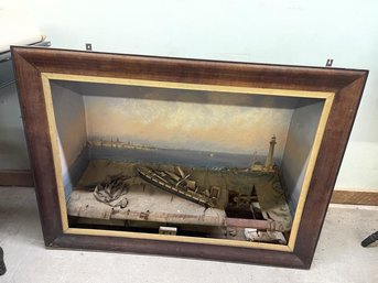3-D Ship Diorama With Coastal City Painted In Background, Poor Condition, 42' Wide X 31' Tall X 14' Deep