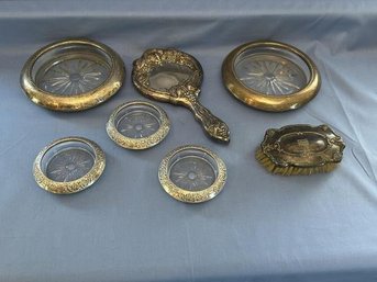 Lot - 5 Coasters, Brush & Mirror, Coaster Have Sterling Rims, Brush & Mirror Unmarked