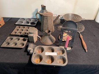 Lot Of Tin Kitchen Ware Including Fish Mold &  Agate Muffin