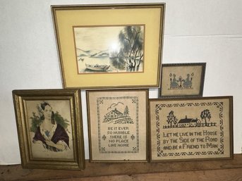 Lot Of 3 Stitchwork Pictures - One Print Of Lady, Framed Crayon Drawing, All In Need Of Cleaning