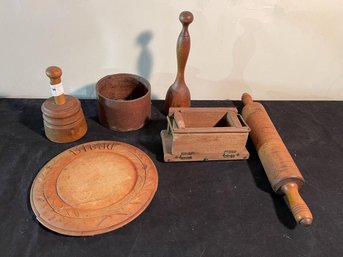 Lot Of Wooden Kitchen Ware, Bread Plate Has  Cracks