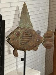 Copper Fish Sculpture Mounted On Stone Base,  54' Tall