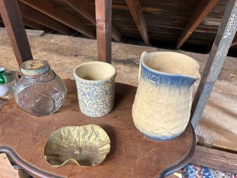 Lot - Ashtray, Jumbo Glass, Jar, Pottery Vase, Pottery Pitcher, Chip On Spout