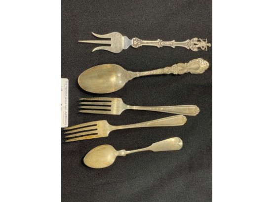 3 Sterling Fork, Sterling Serving Spoon & Coil Silver Spoon