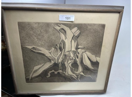 Etching, Abstract Landscape, Untitled IMP Singed J Meatch 17' X 19.5' Plus 1' Frame