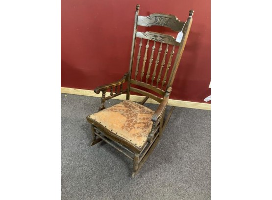 Oak Rocker In Poor Condition Six Spindle Back, Upholstered Seat