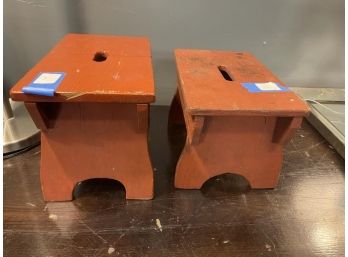 Lot Of 2 Red Foot Stools Cuts, Scrapes, Staining Pine & Plywood Construction