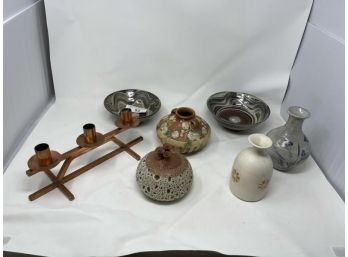 Arts & Crafts Candle Stick, 2 Pottery Swirl Bowls Roseville Pottery Vase, Three Modern Vases