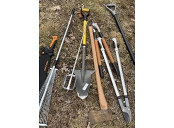 Group Of Garden Tool, Ax, Pruners, Rake, Ice Shovel, Machete