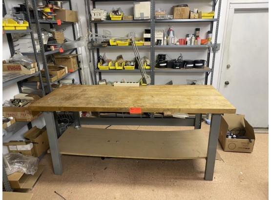 Work Bench With Magnifier Light, With Lower Shelf, Wooden Top, Metal Legs, Surge Protector, 72' L X 30' W X 32