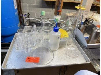 Lot Of Lab Equipment: Glassware, Lab Measuring Cups, Mixers
