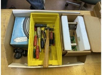 Box Lot Of Tools, Sound Level Meter, Knobs, Watch Battery Tester