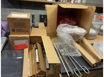 Lot Of Lab Equipment: Burner, Pyrex Watch Glass, Plastic Containers, Thermometers
