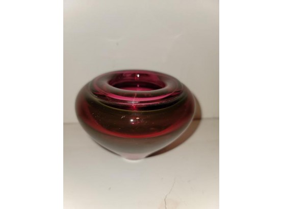 Glass Vase, Red, Modern, Etched On Base 1994 By Eric Honowely, 4.5' W X 3.5' H