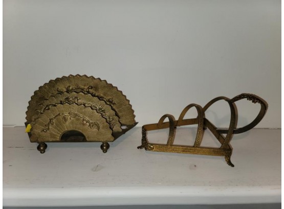 2 Brass Holders, With 3 Sections For Letters Or Napkins