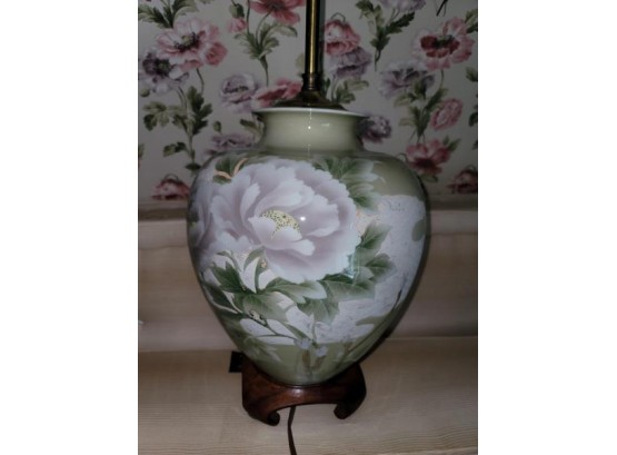 Floral China Vase, Made Into A Lamp, Drilled Through Base, No Mark, 12' To Top