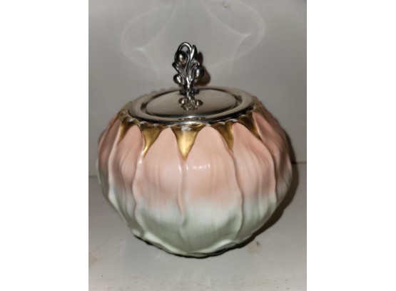 Rose Jar, China, With Plated Silver Cover, Not Original, 7' D X 4.5' H