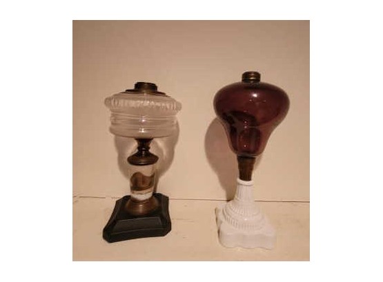 2 Kerosene Whale Oil Lamps, One With Milk Glass Base And Purple Font, 12' H And One With Iron Base, 11.5' H, N
