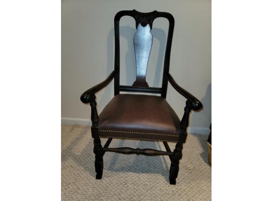Arm Chair, Walnut, Carved Urn Back, Leather Seat With Brass Studs