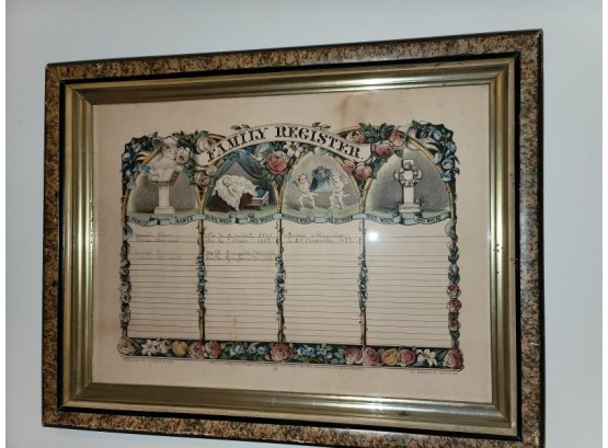 Currier & Ives Family Register, Last Date 1897, Some Discoloration And Frame Has Damage, 14' X 18'