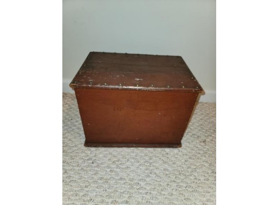 Wooden Strong Box, Brass Studded, Painted Red, No Key, Worn On Edges, 14.5' L X 10.25' W X 10' H
