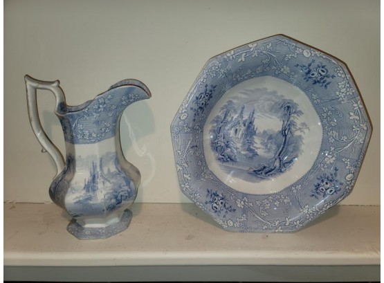 Ironstone Bowl, 15' Dia And 12' H Pitcher, Blue And White, Friburg, Davenport,