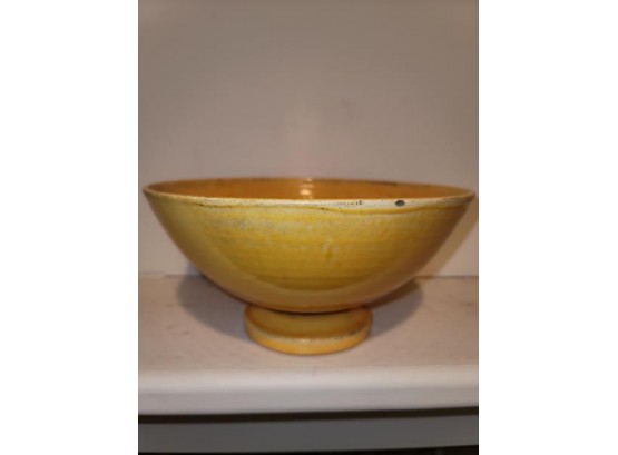 Modernist Slip Glaze Bowl, Footed, Yellow With Glaze, Stamped On Base 'Danmark' Small Chip On Outer Edge, 8.75