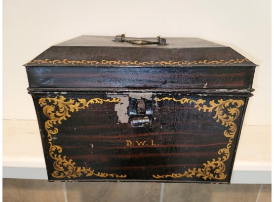 Tin Box, Painted, Decorated, Paint Loss, Initial On Front D.W.L.