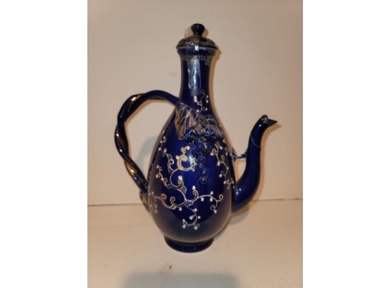 Slender Pitcher, Blue, Gold And White With Cover, Applied Grape And Leaf, Partial Paper Label On Bottom A.A. V