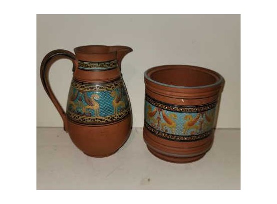 2 Pieces Of Terra Cotta, Kirkhams England, Open Jar (no Lid) 4.5' H And Pitcher 6' H