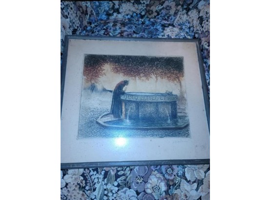 Etching, Man At Fountain, Pencil Signed