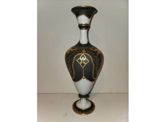 Porcelain Vase, White With Black And Gold Color Design, 5' D X 12.5' H