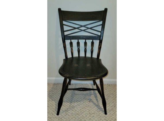 Windsor Side Chair, Thumb Back, Painted Black With Line Stenciling, 4 Half Arrows - Worn On Edges, Worn Spots