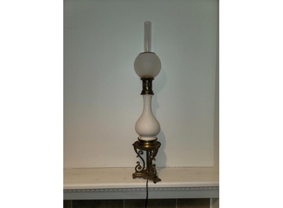 Tall Parlor Lamp, Brass Base With Lenox China Center, Glass Globe And Chimney, Electric, 34.5' To Top Of Chimn
