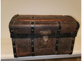 Doll's Trunk, Tooled, Leather, With Leather Handles, Iron And Wood Straps, Inside Till