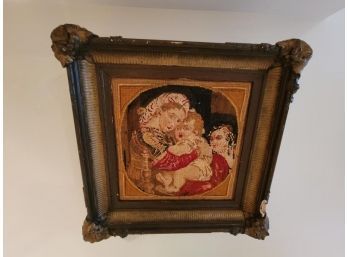 Needlepoint Of Mother And Child, Framed, Frame Is In Poor Condition, Overall Measures 16' X 16'