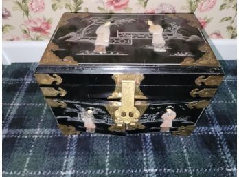 Modern Oriental Jewelry Box With Mother Of Pearl Decorations And Figures, Velvet Lined, 14' W X 9' D X 10' H