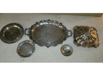 5 Pieces Of Plated Silver - Large Platter, Large Covered Dish, Plate And Bowl