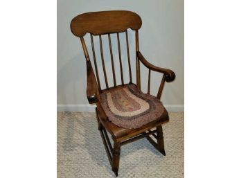 Child's Rocker, Country, Pine, Spindle Back, With Hooked Seat Pad, 23' To Top Crest